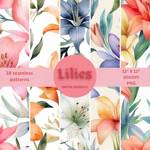Lilies Digital paper, Watercolour Floral Seamless Pattern, Printable Paper Pack, Floral Backgrounds, Digital Download, 12x12 PNG patterns.