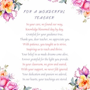 Wonderful Teacher Thank You Poem Digital Download for Teacher ...