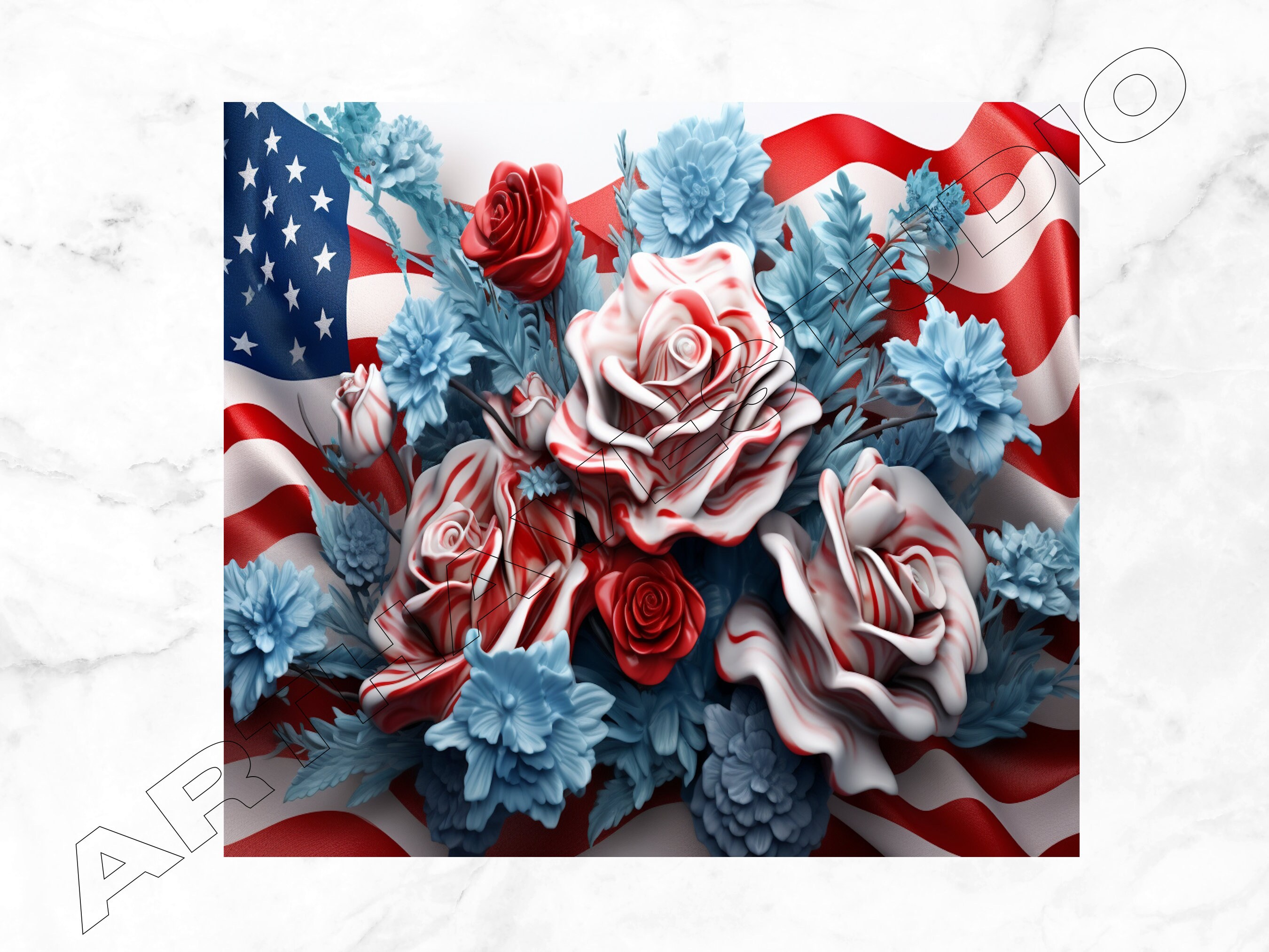 4th July 3D American Flag Floral, USA Flag Tumbler Wrap, 20 Oz Skinny