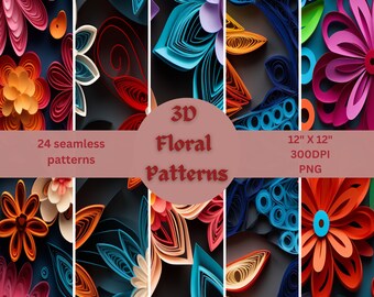 May include: 24 seamless 3D floral patterns in vibrant colors, including pink, blue, orange, and green. Each pattern is 12 inches by 12 inches and 300 DPI.