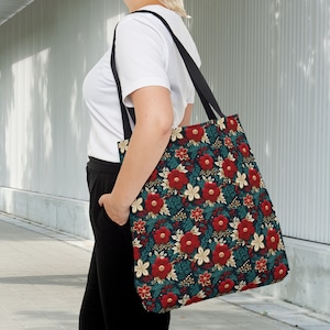 Faux Embroidery Floral Tote Bag, Festive Nature Design, Cute Tote Bag, Large Tote Bag With Black Handle, Over Print Bag, 6 Designs