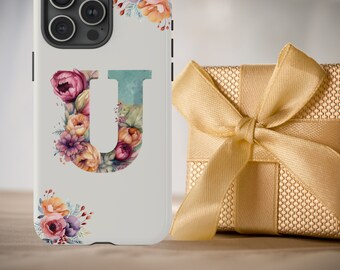 Letter U Boho IPhone Case, Floral IPhone 15 Pro Max Case, S23 Ultra Case, Pixel 7 Case, Pixel 6 Cell Phone Case, Large Monogram Phone Case