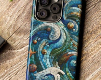 Meereswellen Glasmalerei Mosaikfliesen Handyhülle, Mosaikfliesenhülle, iPhone 15 14 13 12 Pro Max, Google Pixel 8 Pro, Samsung S23 S22 S20 Ultra