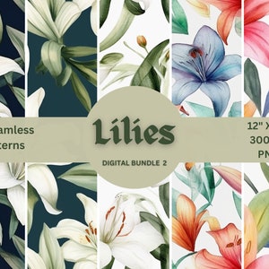 Lilies Digital paper, Watercolour Floral Seamless Pattern, Printable Paper Pack, Floral Backgrounds, Digital Download, 12x12 PNG patterns.