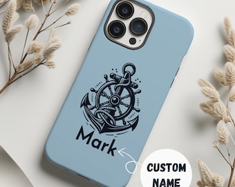 Funda personalizada con nombre y ancla náutica en azul claro para iPhone 16, 15 Pro Max, S24, Pixel 9/8, funda estética de pescador, regalo perfecto para amantes del mar