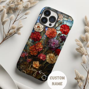 Anpassat namnskal med konstgjord nejlika i målat glas för iPhone 16 15 Pro, blommigt mosaikfodral för S24 S23, Pixel 9 8 Pro, perfekt för naturälskare