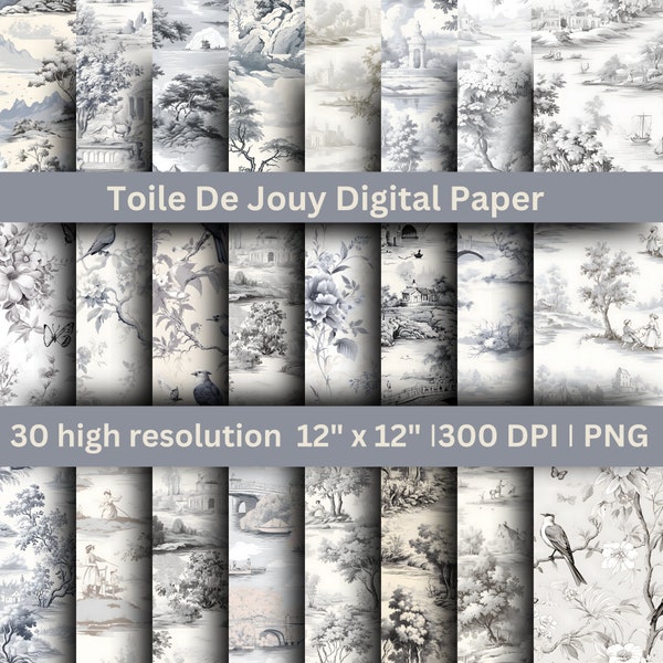 Papier numérique Toile, Motifs Toile De Jouy, Fond en céramique grise, Art Journaling, Papier scrapbooking, Français Design de papier peint romantique