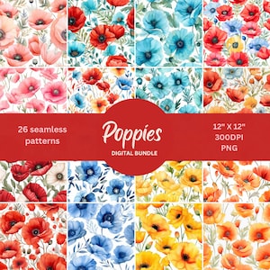 Poppies Digital paper, Watercolour Floral Seamless Pattern, Printable Paper Pack, Floral Backgrounds, Digital Download, 12x12 PNG patterns.