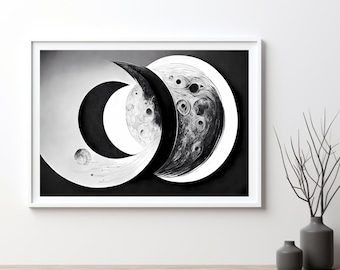 Moon Phases Wall Art Digital Download, Moon Print, Moon Poster, White and Black Moon Digital Print For Living Room Decor, PNG Files 16 Sizes