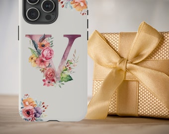 Letter V Boho IPhone Case, Floral IPhone 15 Pro Max Case, S23 Ultra Case, Pixel 7 Case, Pixel 6 Cell Phone Case, Large Monogram Phone Case
