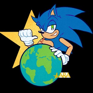 May include: A blue cartoon character with a yellow star and a green and blue globe. The character is holding the globe in its hands. The character has a red scar on its chest. The globe has a green and blue map of the world. The character is smiling.