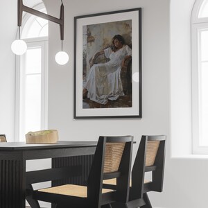 Woman Resting in Chair Digital Print, Tired Woman Wall Art, Rustic Oil Painting Style