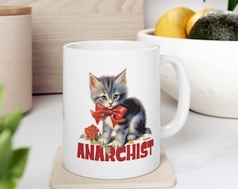 Anarchist kitty Ceramic Mug 11oz, Anarchy, Kitten, Cat, Anarchist, Chaos, Vintage inspired, Vintage style, Humor, Funny