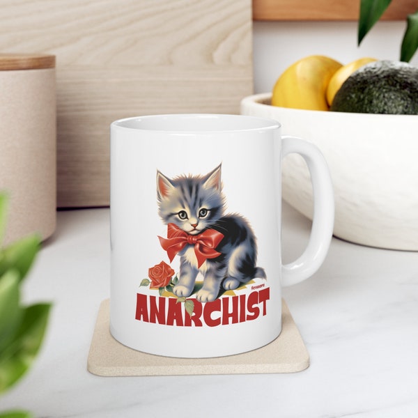 Anarchist kitty Ceramic Mug 11oz, Anarchy, Kitten, Cat, Anarchist, Chaos, Vintage inspired, Vintage style, Humor, Funny