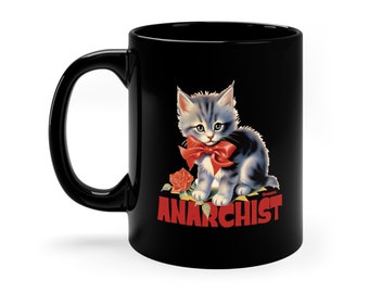 Anarchist kitty 11oz Black Mug, Anarchy, Kitten, Cat, Gift, Vintage style, Vintage feel, Chaos, Funny