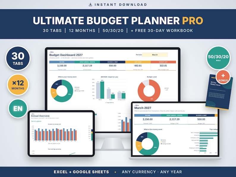 Budget Planner Spreadsheet 2027 Excel & Google Sheets | 50/30/20 Budget ...