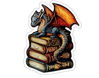 Blue Orange Dragon on Stacked Books Sticker | Fantasy Booklover Die-Cut Sticker