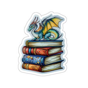 Bookstack Dragon Sticker | Die-Cut Sticker, Fantasy Reading Illustration