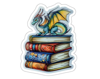 Bookstack Dragon Sticker | Die-Cut Sticker, Fantasy Reading Illustration