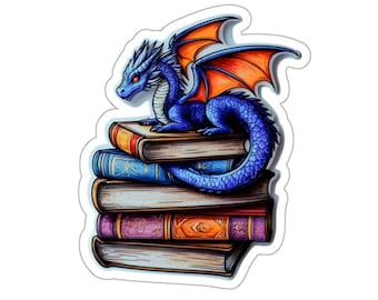 Blue Dragon on Stack of Books Sticker | Die-Cut Sticker