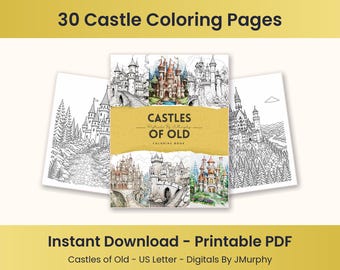 Castle Coloring Book, 30 Medieval Fairytale Castle Coloring Pages, Adult Coloring PDF, Printable US Letter, Instant Download