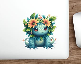 Flora Frogling Sticker | Whimsical Plant Creature, Sunflower Accents (Water-Resistant Vinyl)