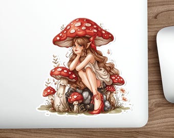 Mushroom Fairy Die Cut Sticker | Whimsical Woodland Pixie Art