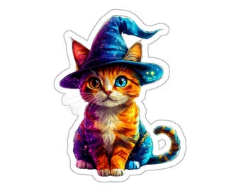 Galaxy Witch Cat Sticker | Orange Tabby Wizard Hat Vinyl Decal