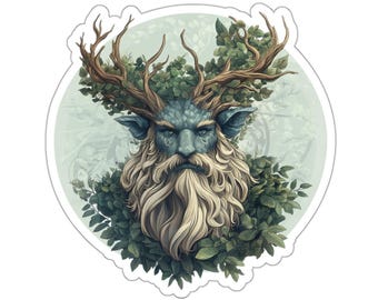 Green Man Woodland Deer Mask die-cut sticker | Forest Spirit, Antlered Nature Illustration