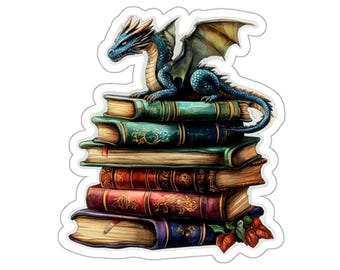 Dragon on Stack of Vintage Books sticker | Fantasy booklover die-cut sticker