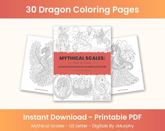 Dragon Coloring Book, 30 Fantasy Dragon Coloring Pages, Adult & Kids Coloring PDF, Printable US Letter, Instant Download