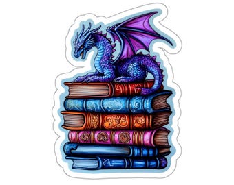Purple Dragon on Stacked Books Die-Cut Stickers | Fantasy Booklover Sticker