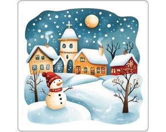 Snowy Village Scene Kiss-Cut Stickers | Snowman Winter Town Sticker