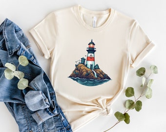 Vuurtoren shirt, vuurtoren Tee, vuurtoren t shirt, shirt voor oceaan liefhebbers, cartoon stijl vuurtoren shirt, geanimeerde vuurtoren ontwerp.