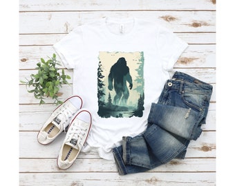 Bigfoot Shirt, Bigfoot T-Shirt, Bigfoot Tee, Bigfoot Surrounded by trees, Bigfoot in natural scenery, gift for her, gift for him.