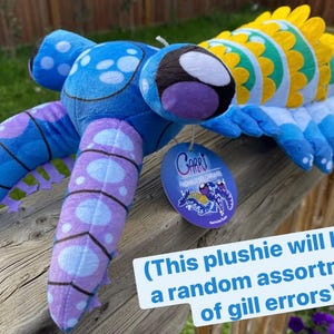 Peut inclure: Une peluche en forme de crevette-mante avec une tête bleue, des appendices tachetés violets et bleu clair, et un corps segmenté aux motifs jaunes, verts et blancs. Une étiquette bleue ronde avec le texte Carri et une illustration est attachée.