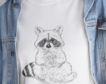Camiseta com pretzel de guaxinim, camiseta gráfica fofa com animais selvagens, arte de esboço Schlurpi, blusa casual unissex, presente para amantes de animais, vestuário de ilustração da natureza