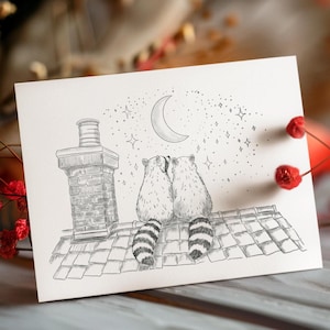 Carte postale romantique Saint Valentin ratons laveurs - Impression d'art dessinée à la main | Parfait pour les amateurs de raton laveur