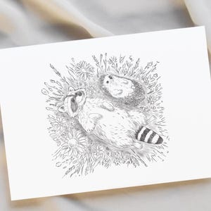 Carte postale de printemps, illustration d'animaux mignons, cadeau pour amoureux de la nature, Schlurpi le raton laveur et Bert le hérisson, impressions d'art animalier