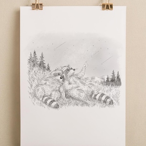 Wasbeer Art Print A4 – Sterrenkijkende wasberen, romantische potloodschets, vallende sterren, minimal Animal Wall Art