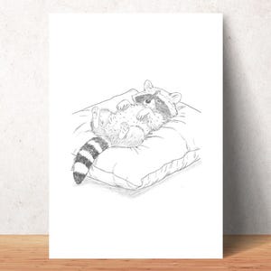 Gemütlicher Waschbär Kunstdruck – A4 Bleistiftzeichnung – Ungerahmter Fine Art Print für Waschbär-Fans