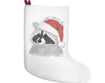 Schlurpi the Raccoon Christmas Stocking - Exclusive Sketch, Merry Christmas, Santa Hat, Fleece, Holiday Decor