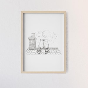 Romantic Raccoons Stargazing | Exclusive Fine Art Print A4 | Matte Framed Poster | Schlurpi The Raccoon Sketch Illustration US Shipping