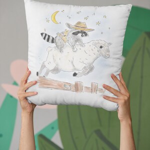 Square Pillow with Schlurpi the Raccoon Riding a Sheep | Perfect Gift for Raccoon Fans