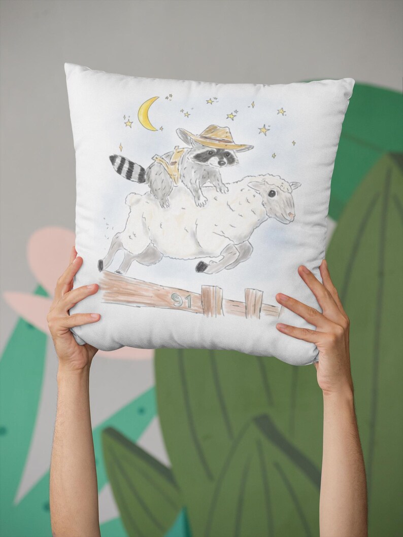 Square Pillow with Schlurpi the Raccoon Riding a Sheep | Perfect Gift for Raccoon Fans