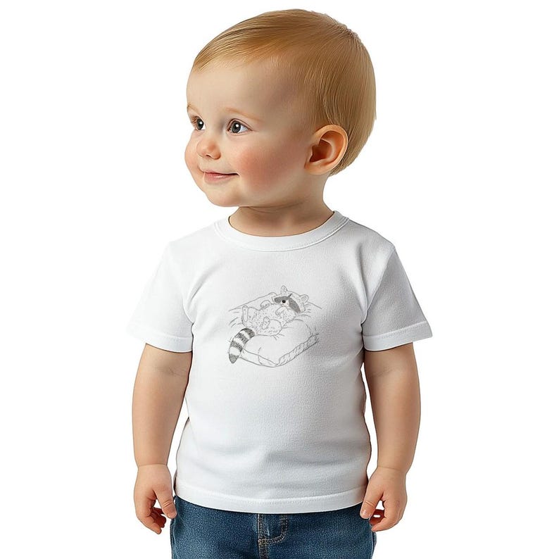 Cozy Sleeping Raccoon Design |  Classic Baby Crewneck T-Shirt - White | 100% Cotton