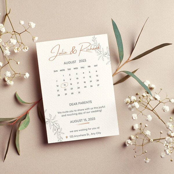 White and Beige Minimalistic Calendar Wedding Invitation - Editable Canva Template for Modern Elegance