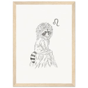 Lámina artística enmarcada de Schlurpi el Mapache - Edición del Zodíaco Leo / Animal del Bosque A4 con Melena de León / Boceto a Lápiz Exclusivo para Almas Audaces