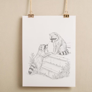 Romantische wasbeerkunstprint - potloodschetsposter van twee wasberen met bloem | Muurkunst bosdieren (A4-formaat)