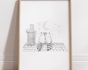 Póster vertical romántico de mapaches (tamaño A4) / Impresión artística de ilustración dibujada a mano / Perfecto para los amantes de los mapaches
